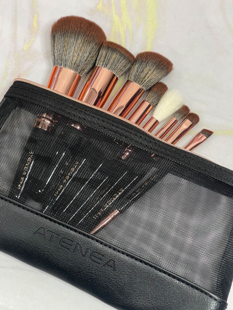 Kit de brochas glam rose x8 con cosmetiquera negra